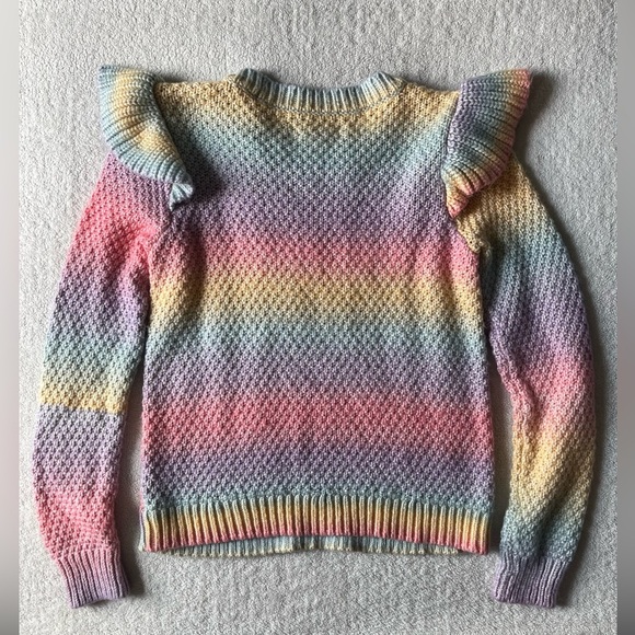 Pastel Rainbow Cable Knit Sweater, LOFT, Women’s Sz Small. Shoulder Ruffle - Picture 8 of 8